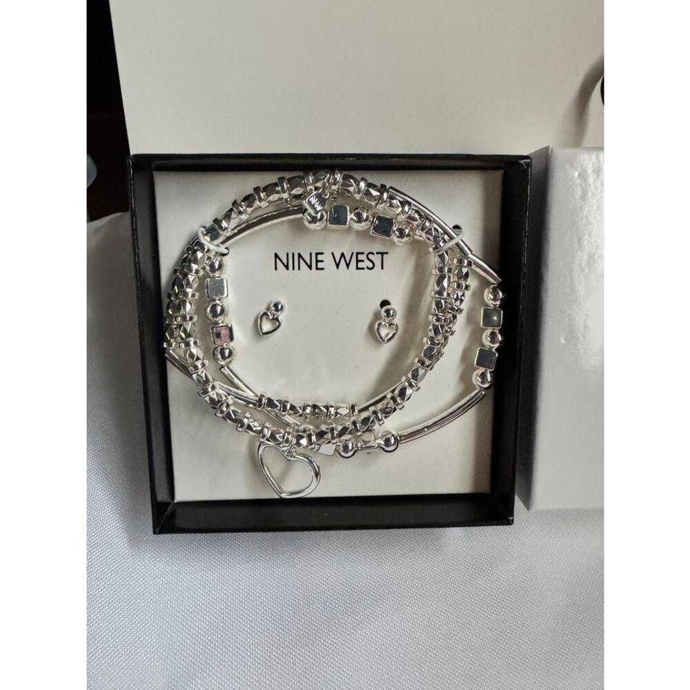 Nine West Silver-Toned Bracelet & Heart Earring Jewelry Gift Set NIB